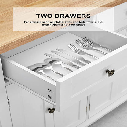 35.5'' Kitchen Island Cart on Wheels, 2 Drawers Storage Cabinet Kitchen Cart with Rubberwood Countertop, Lockable Casters, White