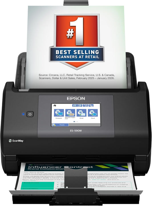 Epson Workforce ES-590W Wireless & USB High-Speed AI & Cloud Ready Desktop Color Duplex Document Scanner for Mac & PC, up to 45 Ppm, Large 4.3" Color Touchscreen, 100-Page Auto Document Feeder