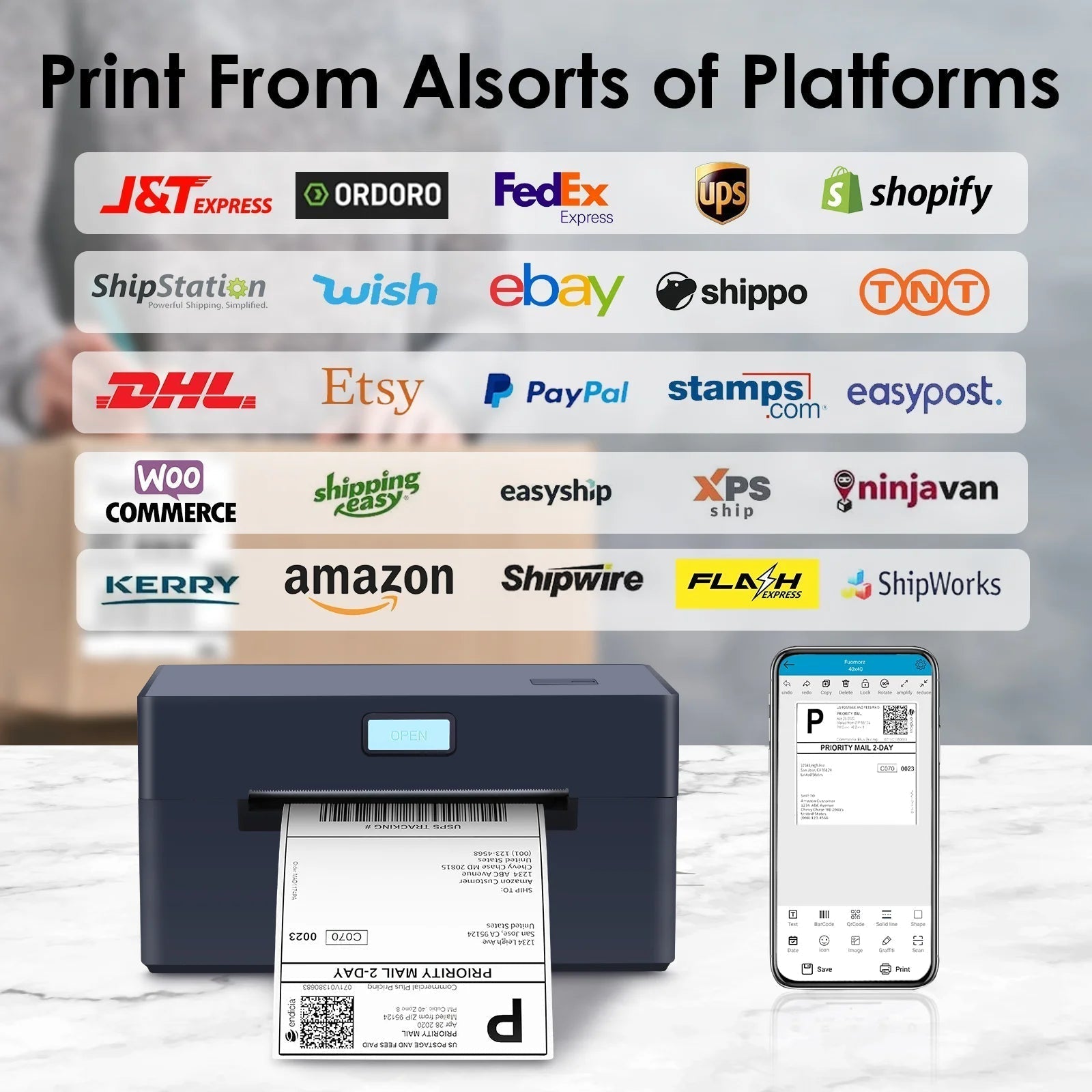 Bluetooth USB Thermal Shipping Label Printer 4X6 for Small Business Compatible with Mac, Android, Ios Widely Used for Ebay, Shopify, Etc