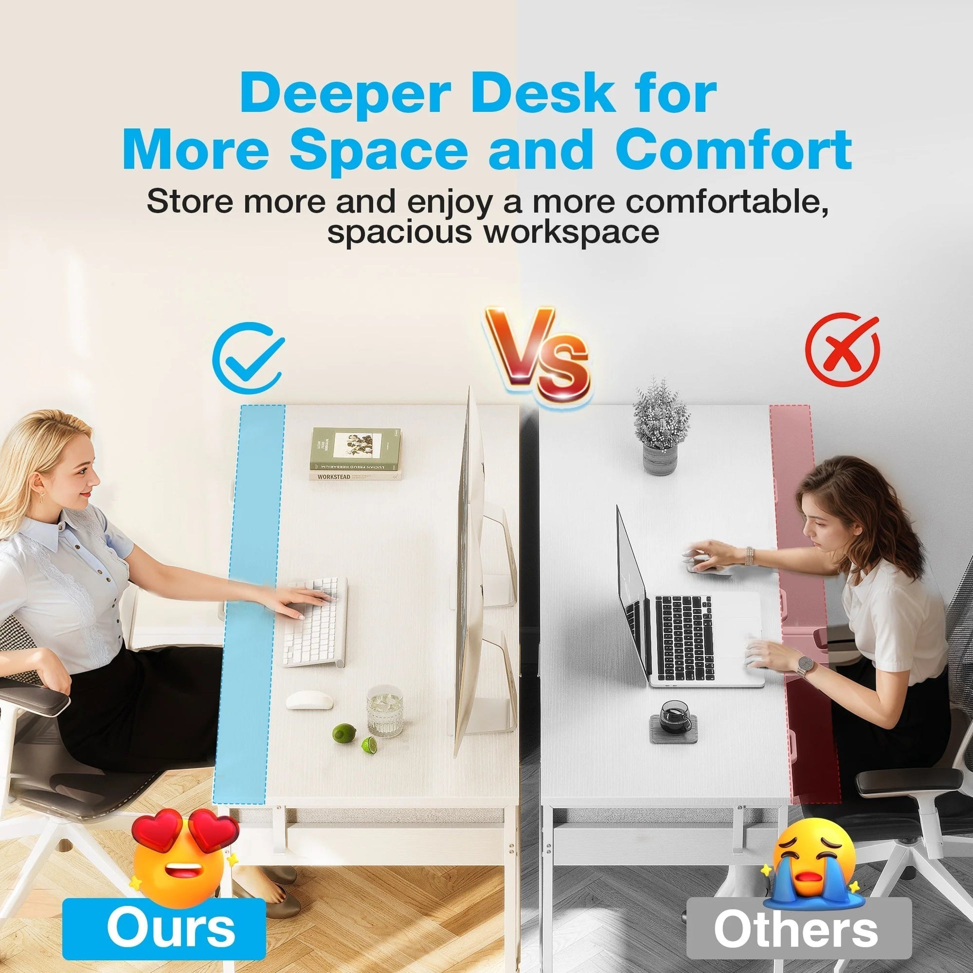 48" Home Office Desk with 6 Drawers, Modern Computer Desk with Small Space, Corner Computer Desk, Pure White