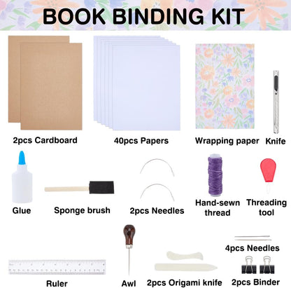 WEBEEDY DIY Coptic Stitch Book Binding Kit for Beginners, Complete Bookbinding Kit to Make Your Own A5 Notebook, Journal, Diary, with Floral Paper, Bone Folder, A4 Papers, Needles, Tools