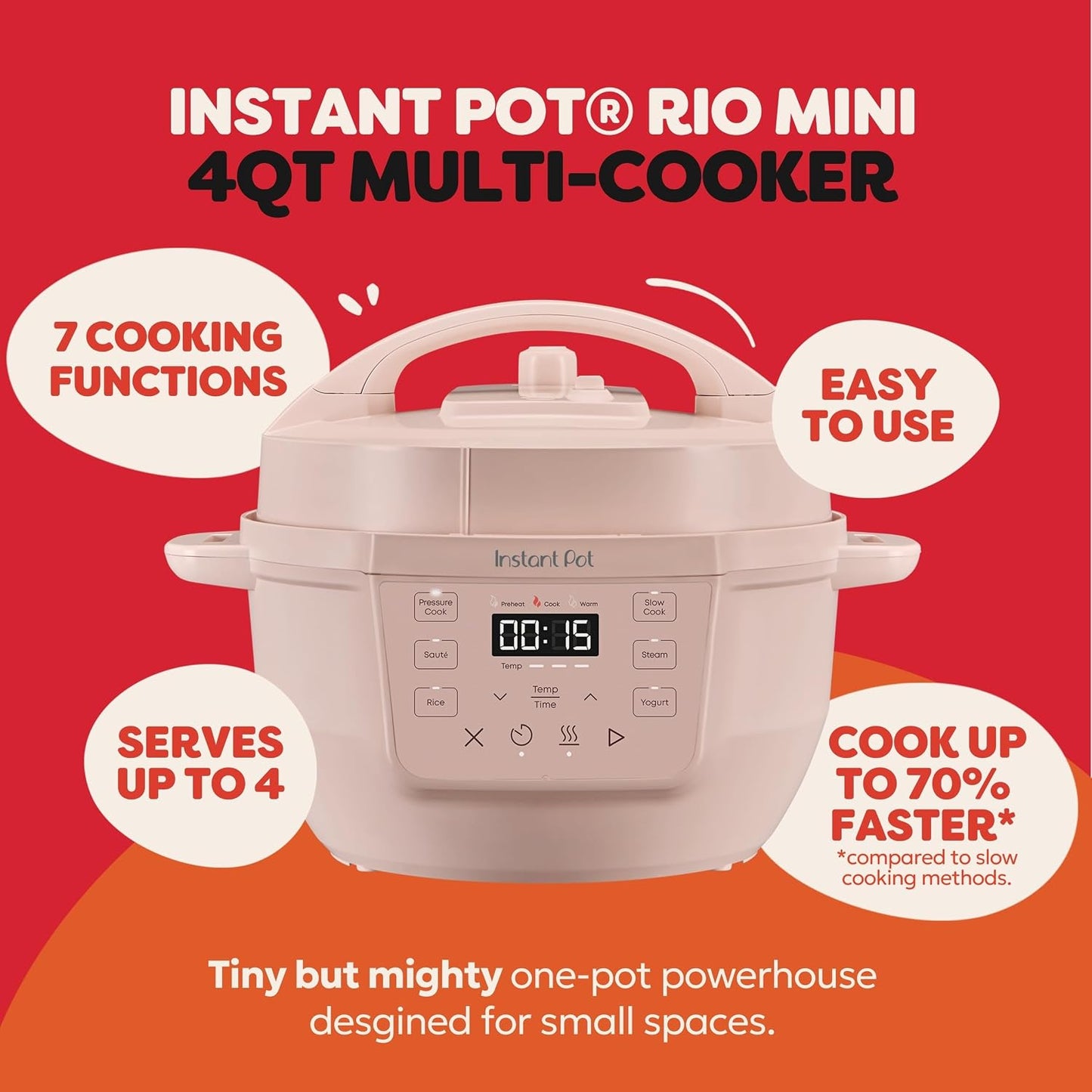 Instant Pot 4QT RIO Mini 7-In-1 Multi-Cooker, Pressure Cooker, Slow Cook, Sauté, Steam, Rice Maker, Yogurt, & Warmer, Rosewater, 4 Quarts