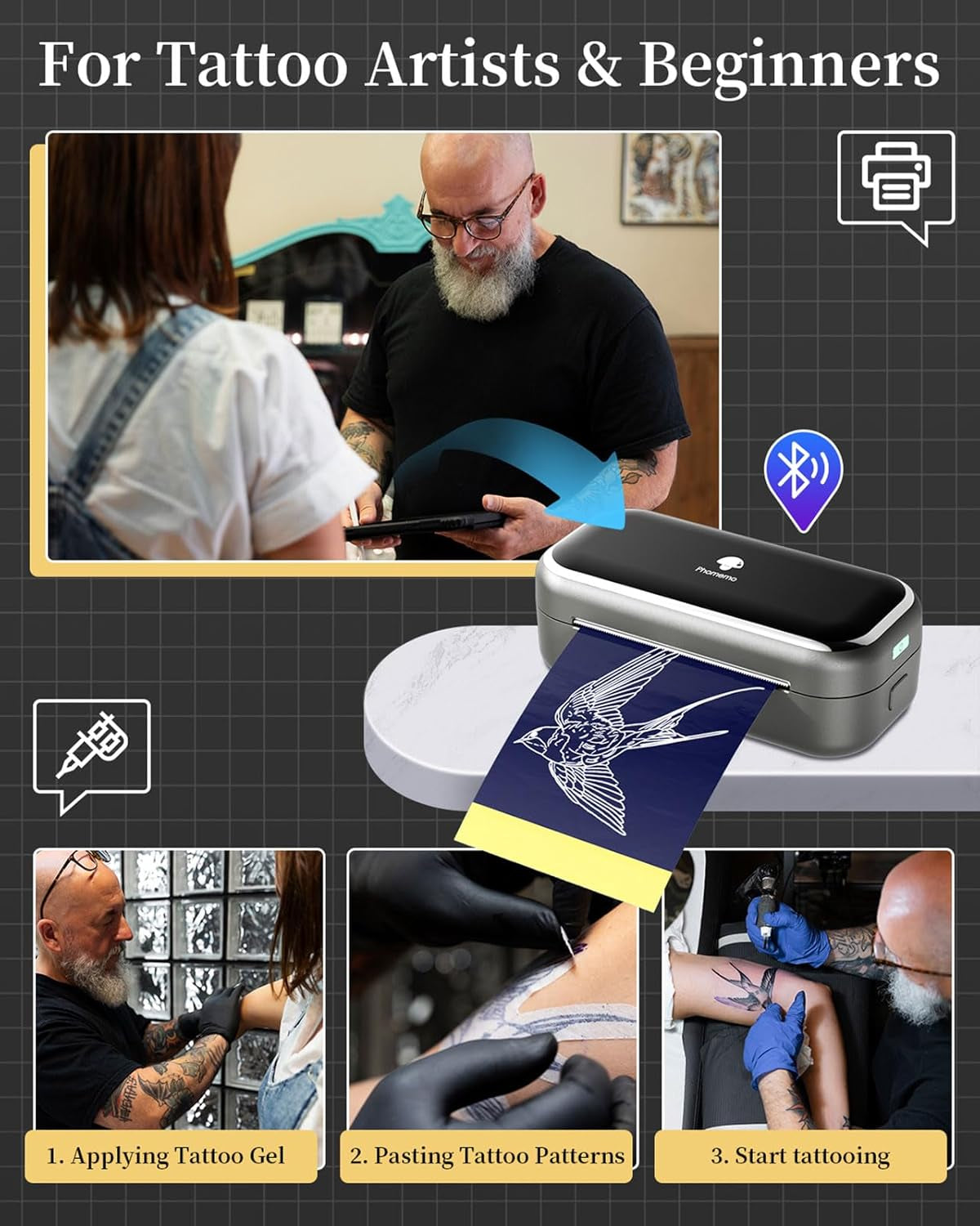 Phomemo TP31 Wireless Tattoo Stencil Printer with 30Pcs Transfer Paper, Compatible with Phone & Tablet, Bluetooth Mini Thermal Tattoo Printer Machine for Tattoo Artists & Beginners, 3 Inch, Black