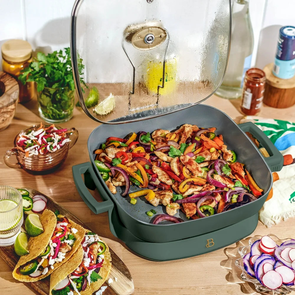 5 in 1 Electric Skillet - Expandable up to 7 Qt with Glass Lid, Thyme Green by Drew Barrymore