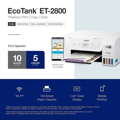 Ecotank ET-2800 Wireless Color All-In-One Cartridge-Free Supertank Printer with Scan and Copy ? the Ideal Basic Home Printer - White
