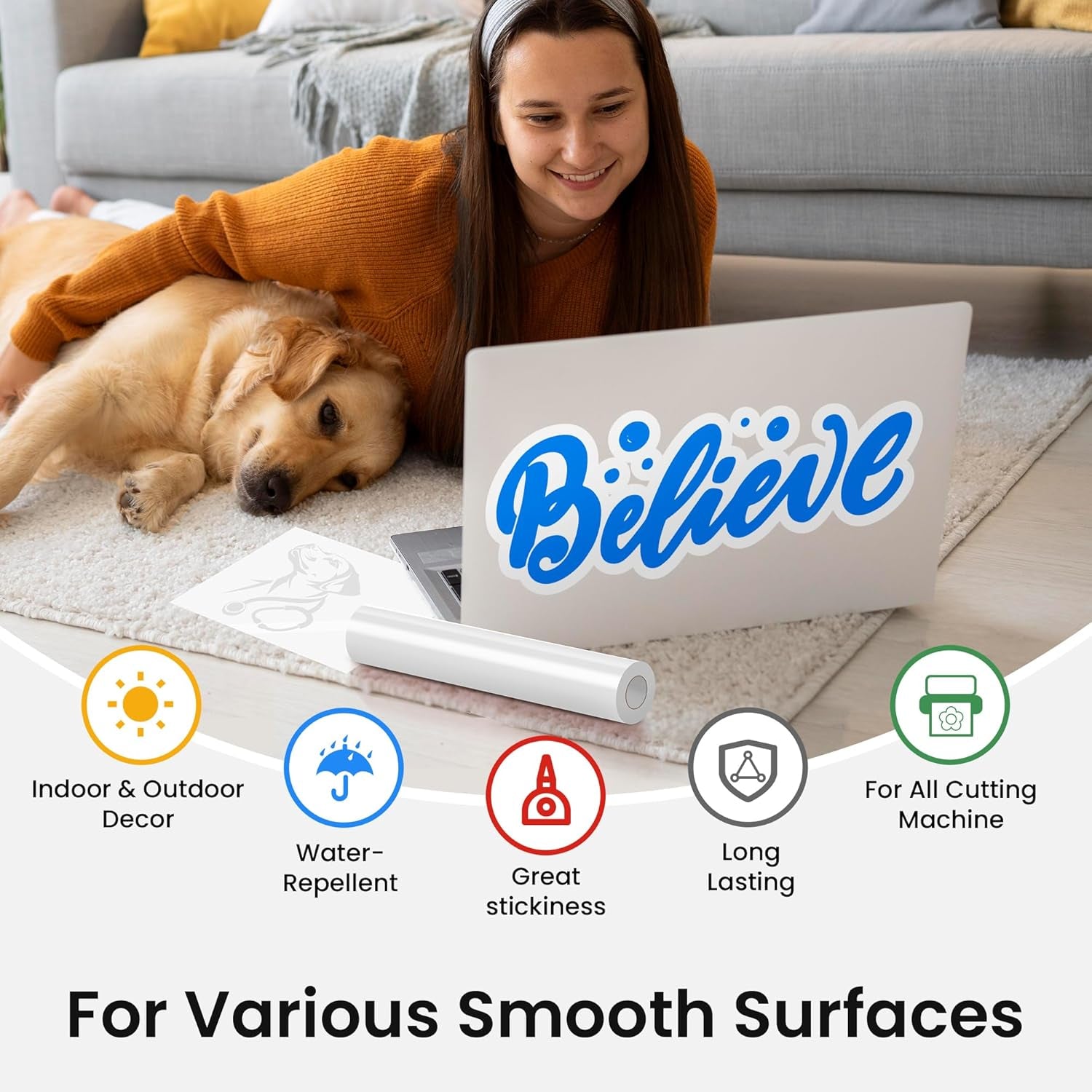 Glossy White Permanent Vinyl - 12" X 50 FT White Adhesive Vinyl Roll Compatible with Cricut Machines, Silhouette Cameo for DIY Home Decor, Commercial, Decals and Signs