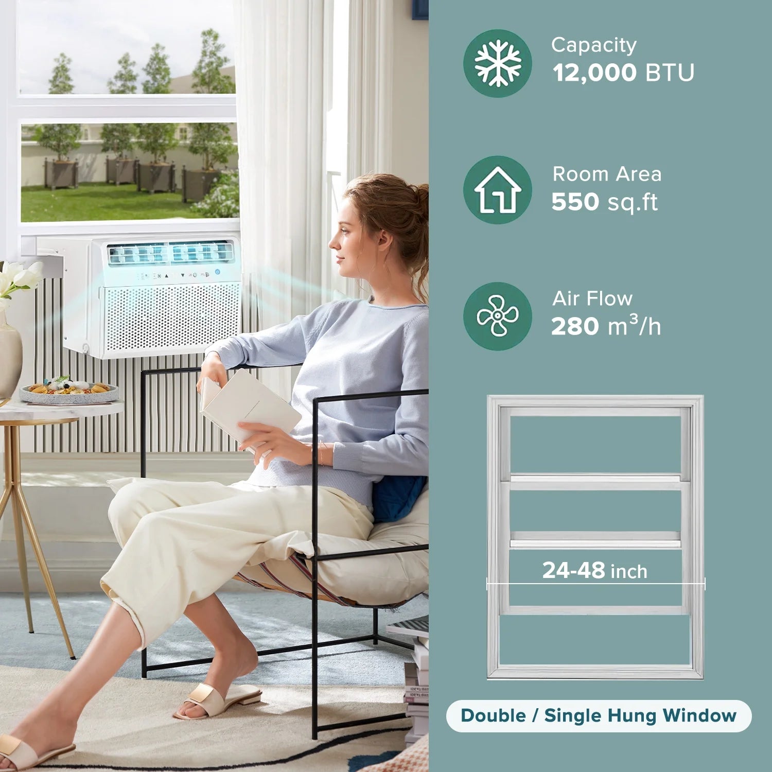 12000 BTU ASHRAE 115V U Shaped Window Air Conditioner with Remote Control, 6 Modes & 3 Fan Modes, 24H Timers