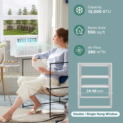 12000 BTU ASHRAE 115V U Shaped Window Air Conditioner with Remote Control, 6 Modes & 3 Fan Modes, 24H Timers