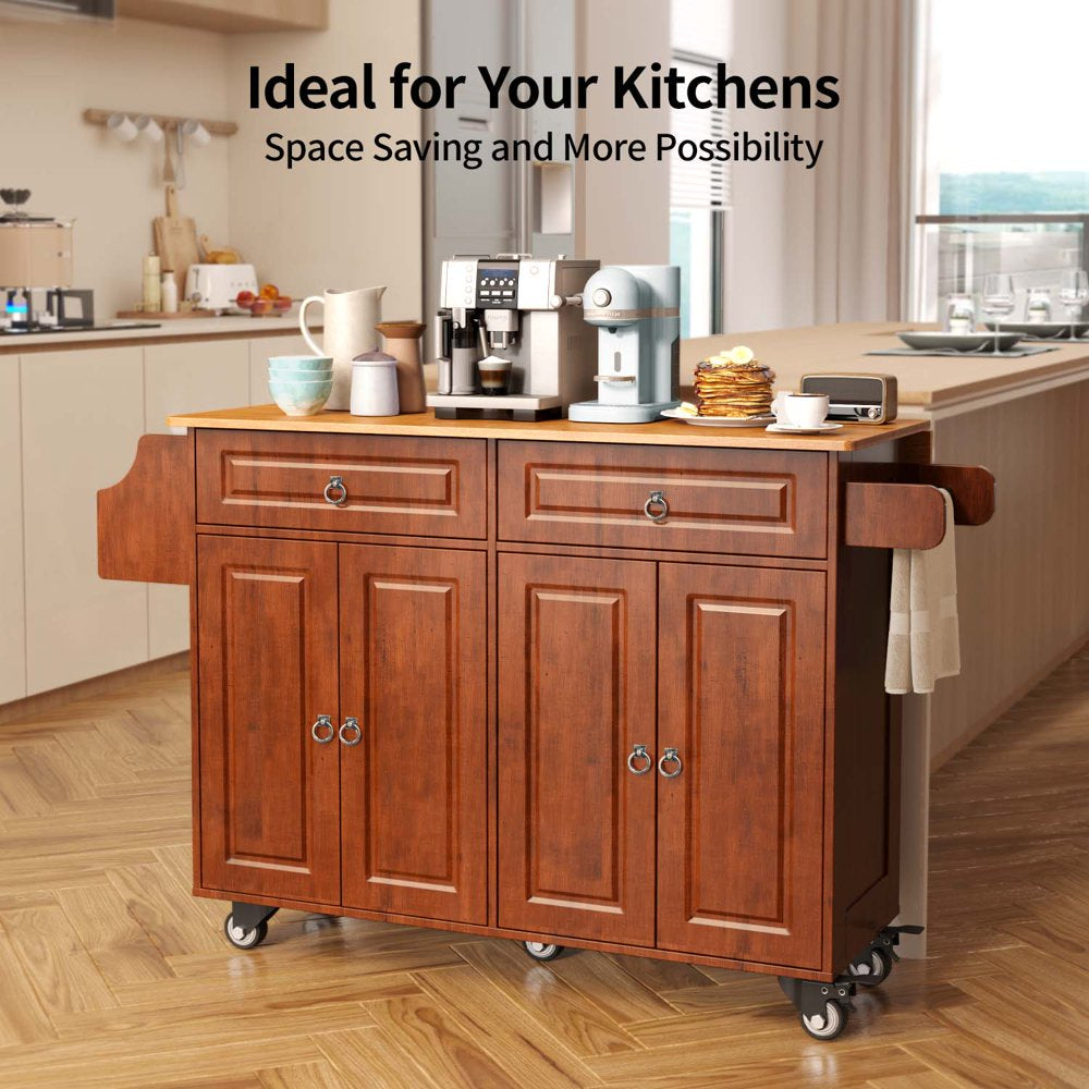 Kitchen Islands with Storage, Kitchen Island Cart with Wood Drop Leaf and Lockable Wheels, Brown