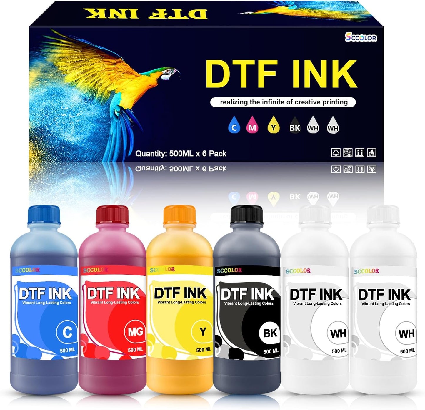 DTF INK Combo Pack 500Ml-Premium Direct-To-Film Transfer Ink for PET Film | Compatible for Printheads L1800 L805 R1390 4720 I3200 XP600 DX7 DX5 5113.2 White,1 Black,1 Cyan,1 Magenta,1 Yellow
