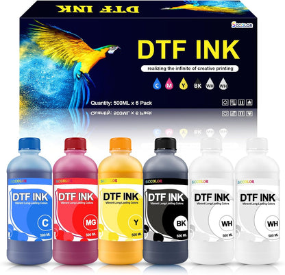 DTF INK Combo Pack 500Ml-Premium Direct-To-Film Transfer Ink for PET Film | Compatible for Printheads L1800 L805 R1390 4720 I3200 XP600 DX7 DX5 5113.2 White,1 Black,1 Cyan,1 Magenta,1 Yellow