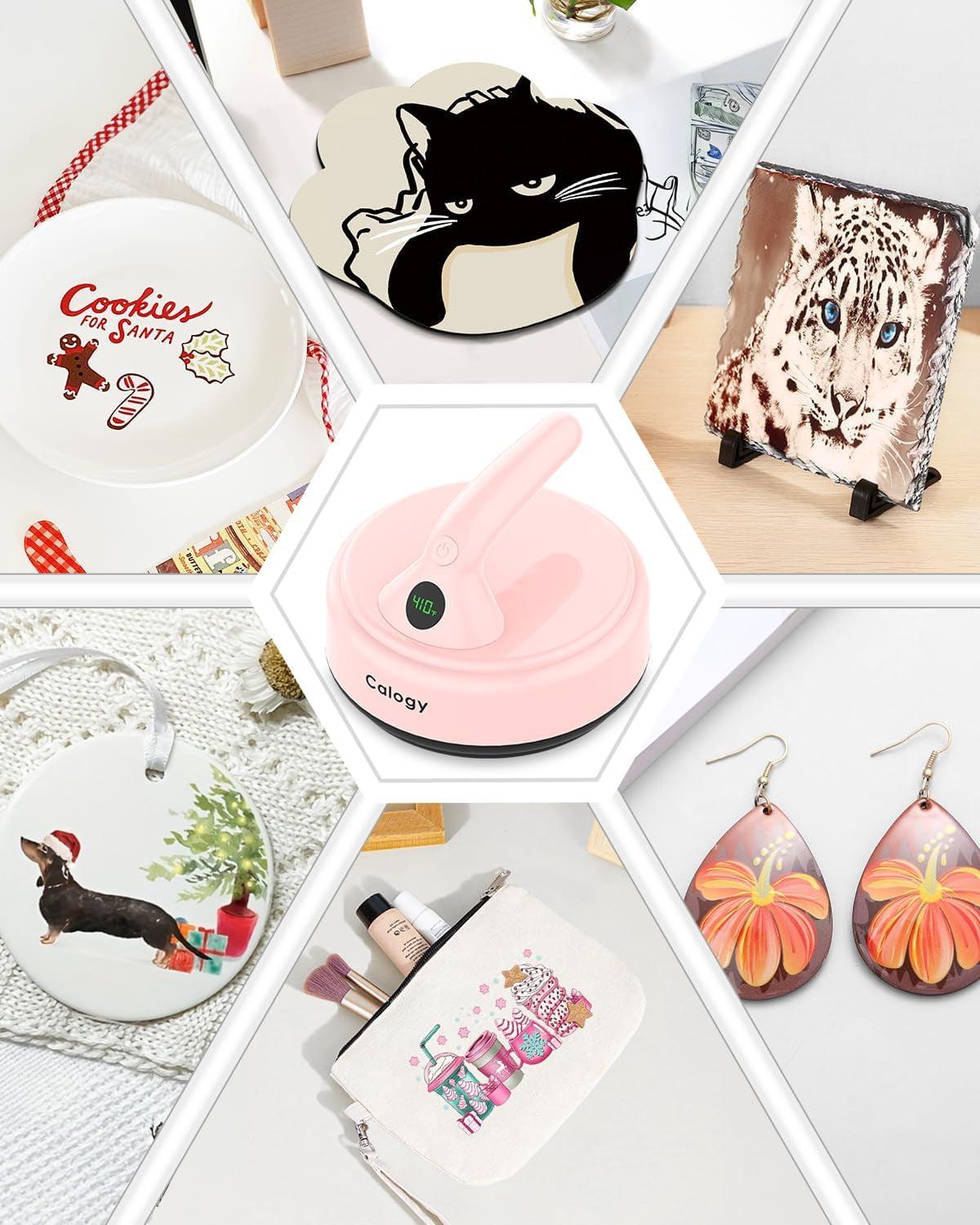 Calogy Mini Heat Press, Small round Heat Press Machine 5" Diameter, Portable Iron 4 Levels Temp Max 410℉ for Heating Transfer Sublimation Crafts, DIY Coaster, Bag, Pillow, Ceramic (Baby Pink)