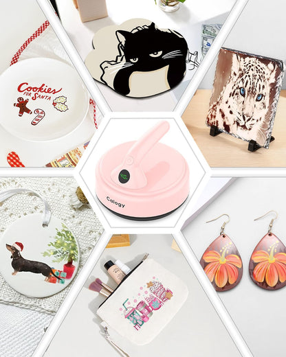 Calogy Mini Heat Press, Small round Heat Press Machine 5" Diameter, Portable Iron 4 Levels Temp Max 410℉ for Heating Transfer Sublimation Crafts, DIY Coaster, Bag, Pillow, Ceramic (Baby Pink)