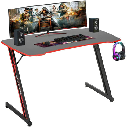 47 Inch Z Shaped Ergonomic Adults Gaming Desk with Headphone Hook for Game Players，Red