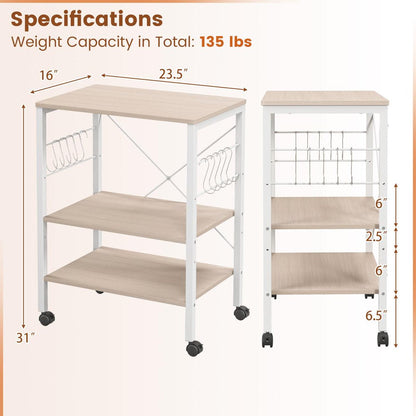 3-Layer Microwave Stand Bakers Rack, Kitchen Rolling Cart with 4 Universal Wheels and 10 Removable Hooks, Coffee Cart Shelf Organizer for Kitchen, Living Room, Entryway, Maple