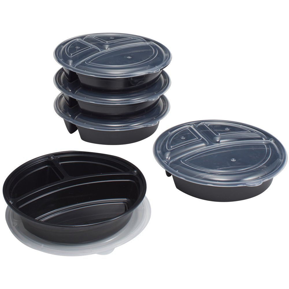 3-Compartment 1L round Meal Prep Food Storage Container, 5 Pack