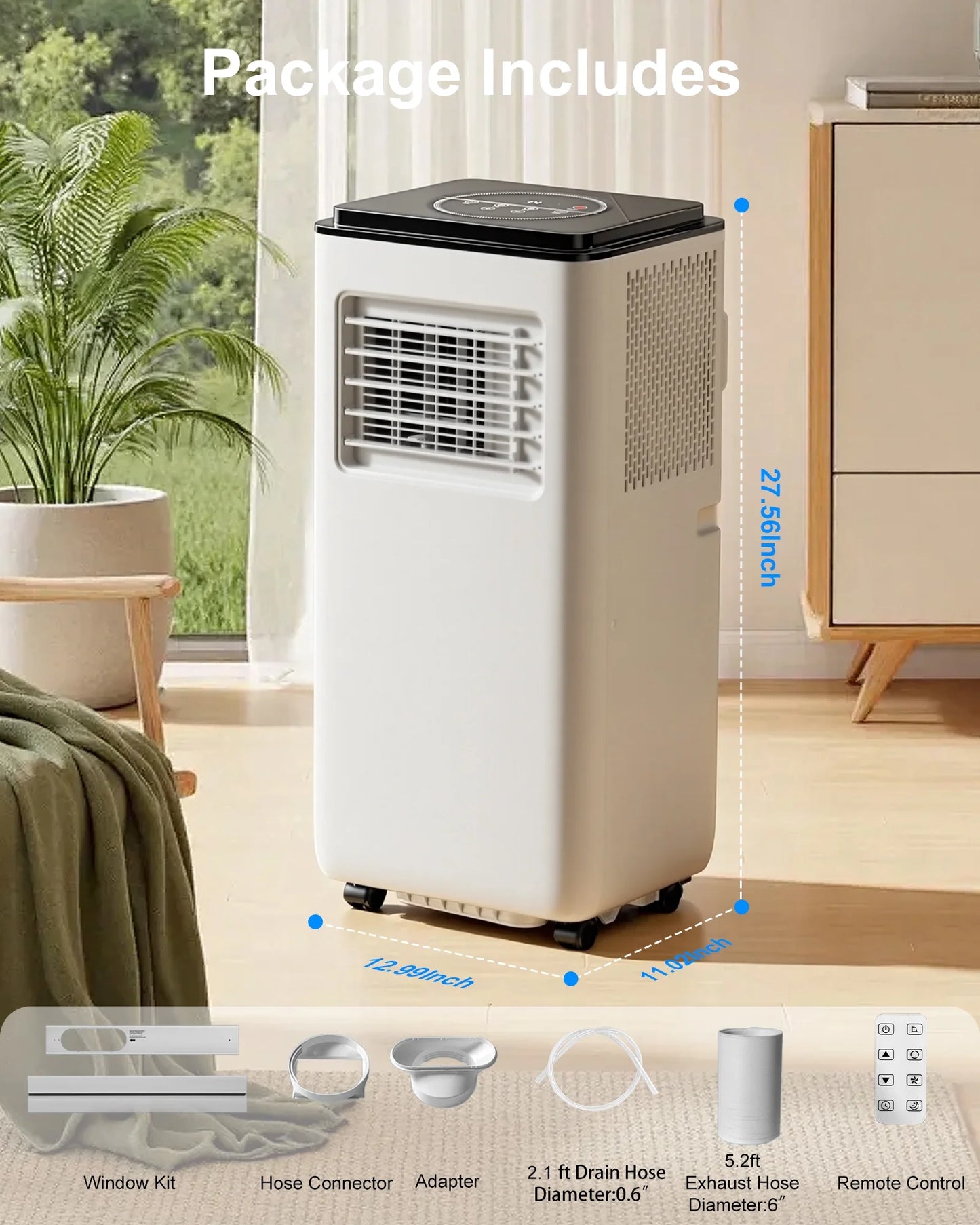 Portable Air Conditioners 10,000 BTU for Rooms up to 450 Sq.Ft. Portable AC, Dehumidifier, 24H Timer, Sleep Mode & Water Level Indication, Remote Control & Window Kit, White & Black