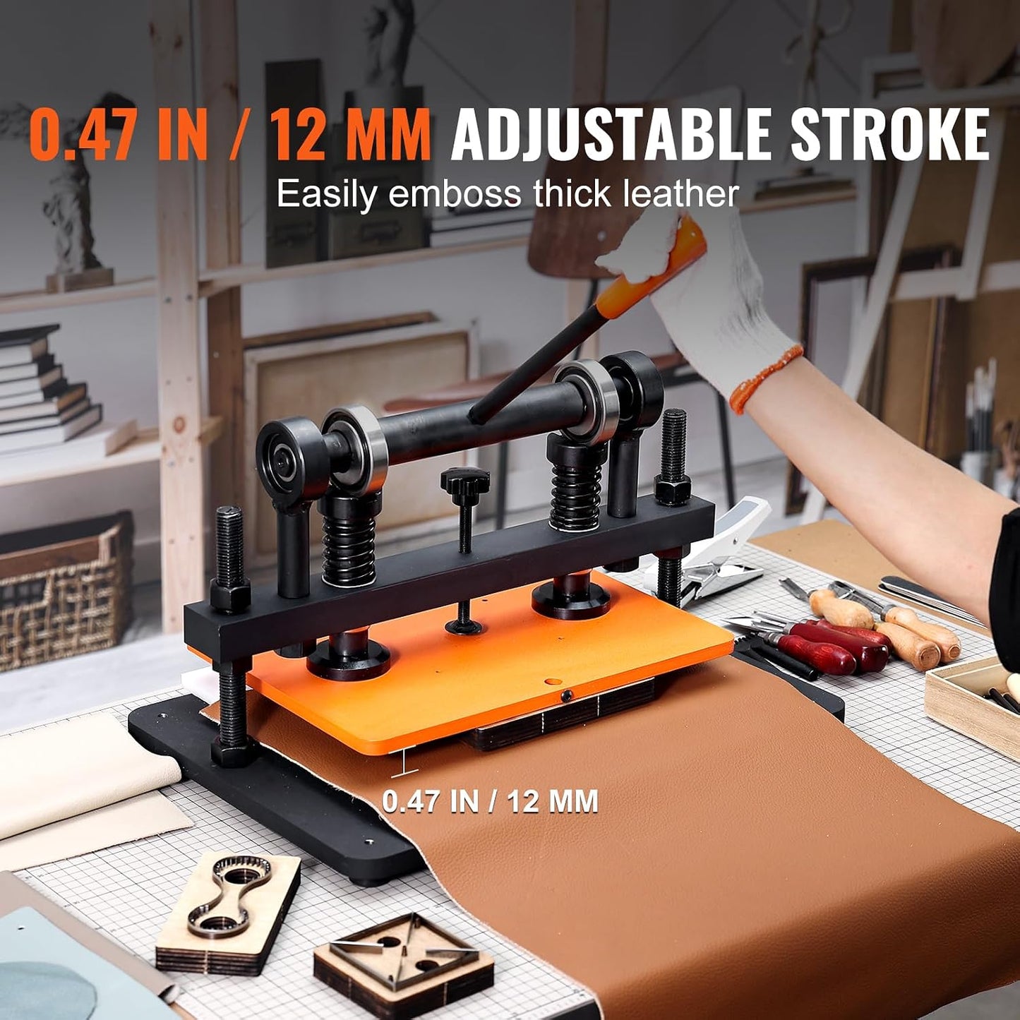 VEVOR Leather Cutting Machine, 14.2 X 10.2 in Embossing Plate Manual Die Cutter, 0.47 in Pressure Stroke Leather Embossing Machine, Dual Guide Shafts Die Cut Machine for Various of Materials