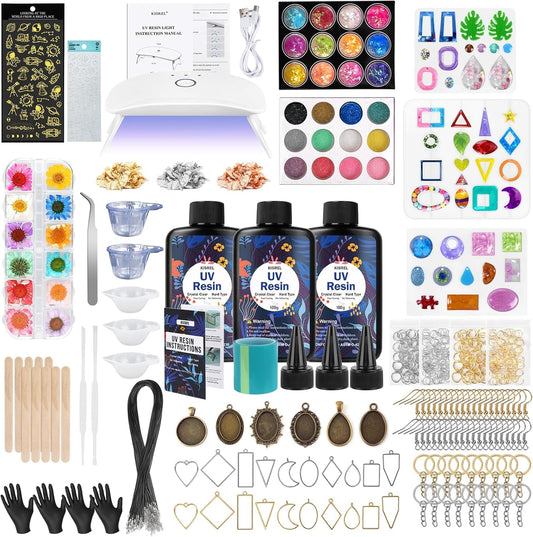 KISREL UV Resin Jewelry Making Kit, 300G Crystal Clear Resin with Light and Molds, DIY Jewelry Making Kit, Resina Starter Kits for Keychain and Earring