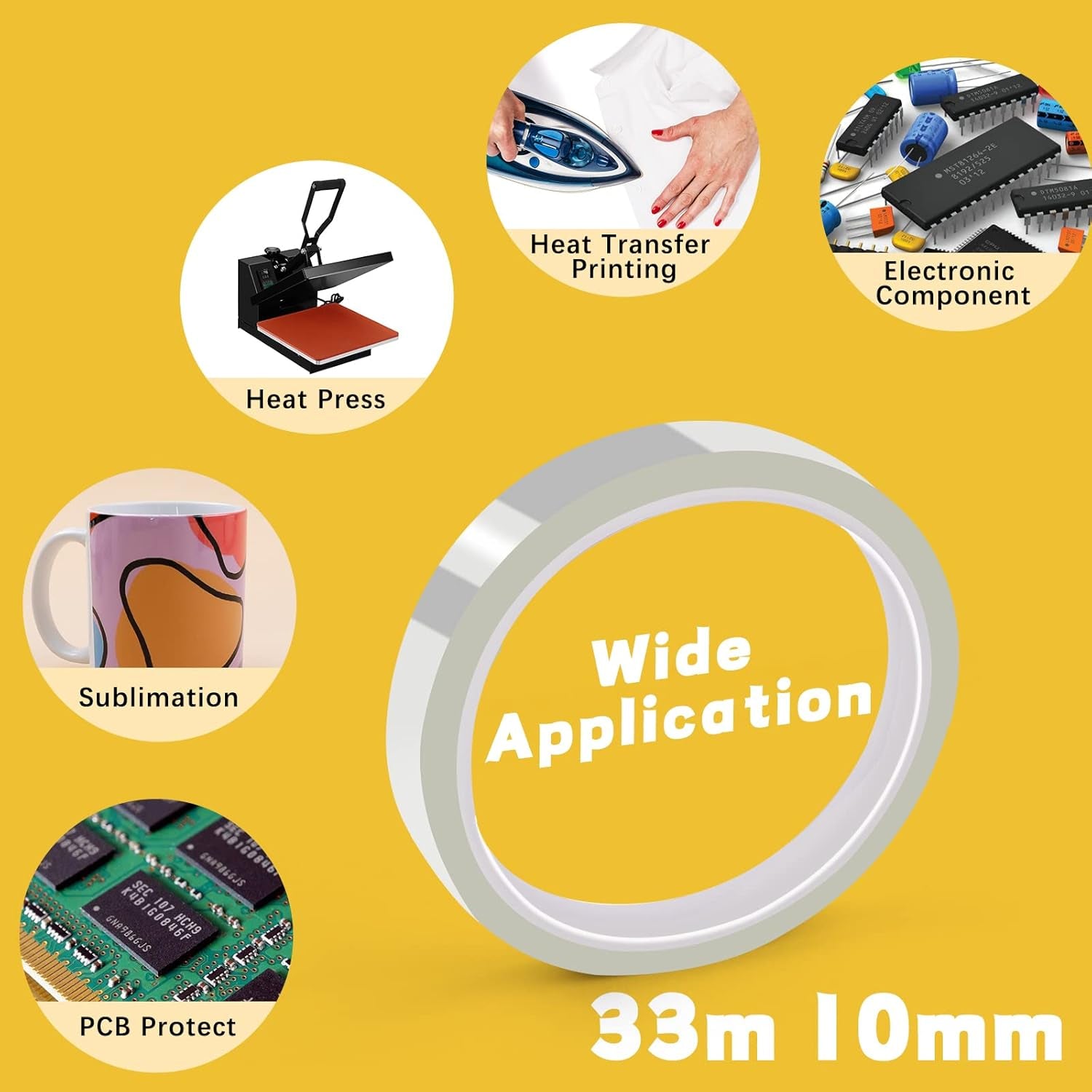 Heat Tape for Sublimation, 4 Rolls 10Mm X33M 108Ft Heat Resistant Tape for Heat Press, Heat Transfer Tape Thermal Tape for Electronics & Heat Vinyl Press Tape No Residue(Transparent)