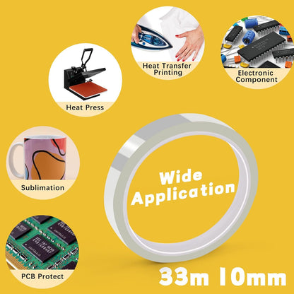 Heat Tape for Sublimation, 4 Rolls 10Mm X33M 108Ft Heat Resistant Tape for Heat Press, Heat Transfer Tape Thermal Tape for Electronics & Heat Vinyl Press Tape No Residue(Transparent)