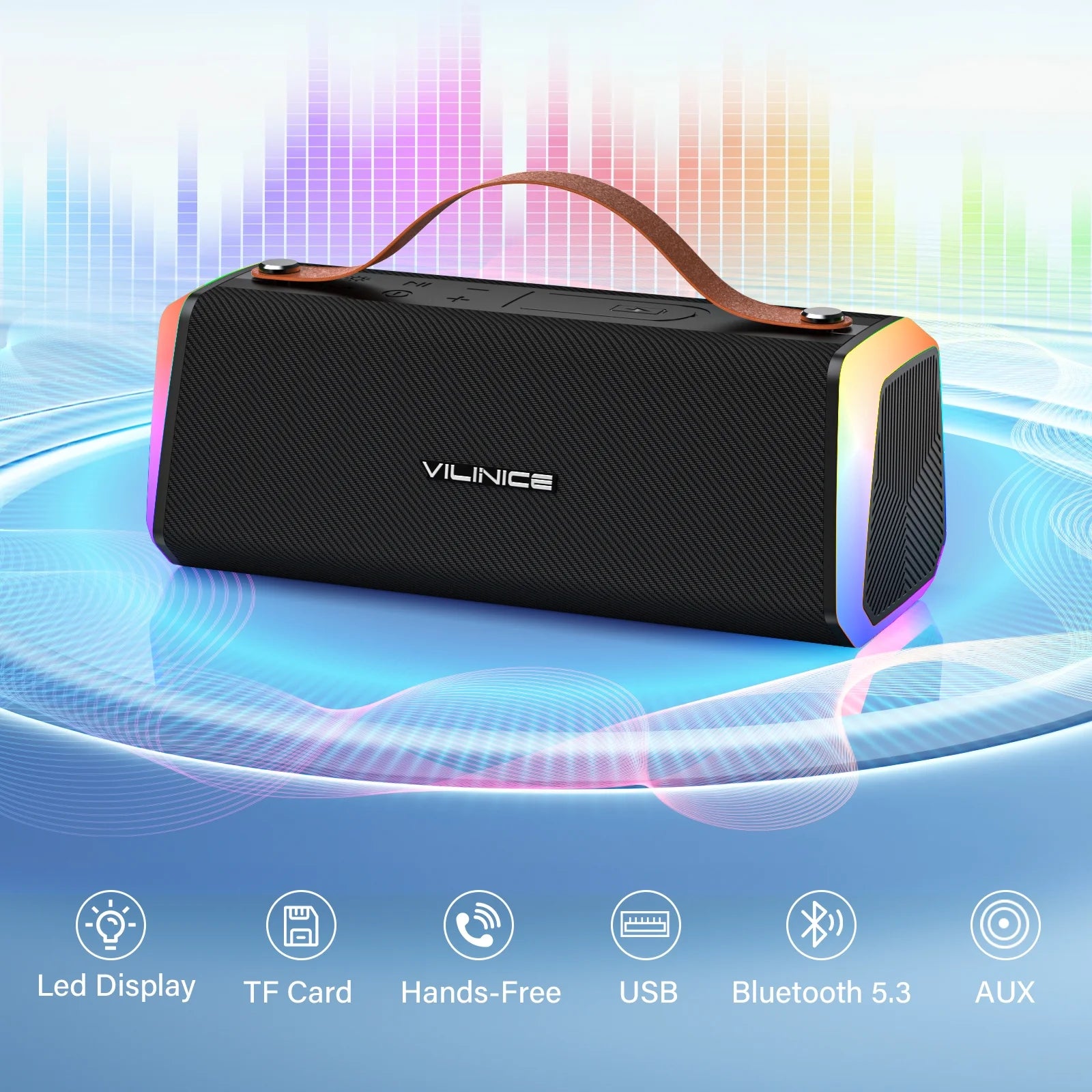 Portable Bluetooth Speaker, IPX6 Waterproof Outdoor Speaker with RGB Lights, TWS Pairing, Bluetooth 5.3/AUX/TF/USB, 20W Stereo Sound, Wireless Speaker for Home, Outdoor and Travel