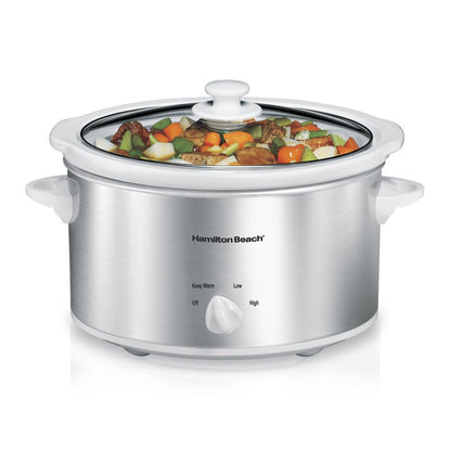 Slow Cooker, 4 Quart Capacity, Serves 4+ People, Removable Crock, White and Silver, 33140