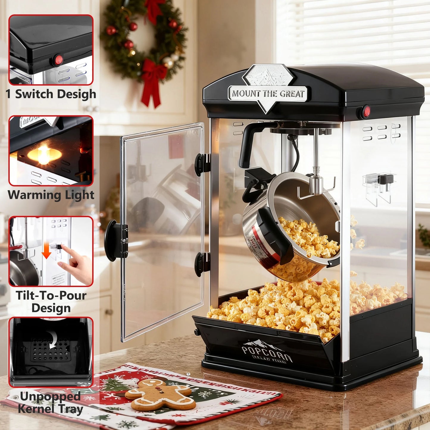 Popcorn Maker Machine, 10Oz Kettle Popcorn Machine with Warming Deck, Countertop Popcorn Popper for Movie Theatre, Parties, Black