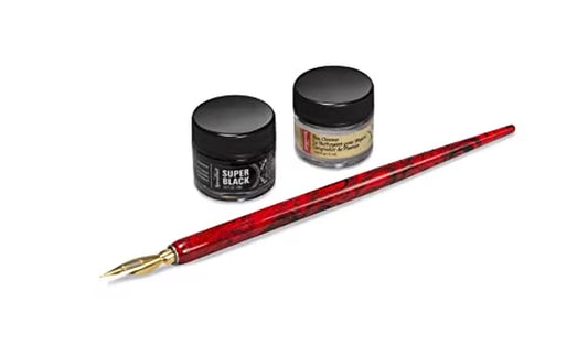 Signature Series Super Black India Ink & Pen Set, Includes Red Marbled Pen Holder, Gold-Plated No. 513EF Pen Nib.4 Fl Oz Super Black India Ink.4 Fl Oz Pen Cleaner