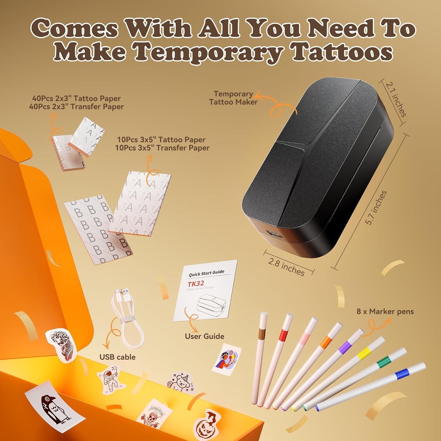 Phomemo TK32 Temporary Tattoo Maker Kit - Easy DIY Custom Tattoo Stickers in a Minute | Complete Set with 8 Markers & 50 Papers | Perfect Party Gift for Kids & Adults to Create Fun