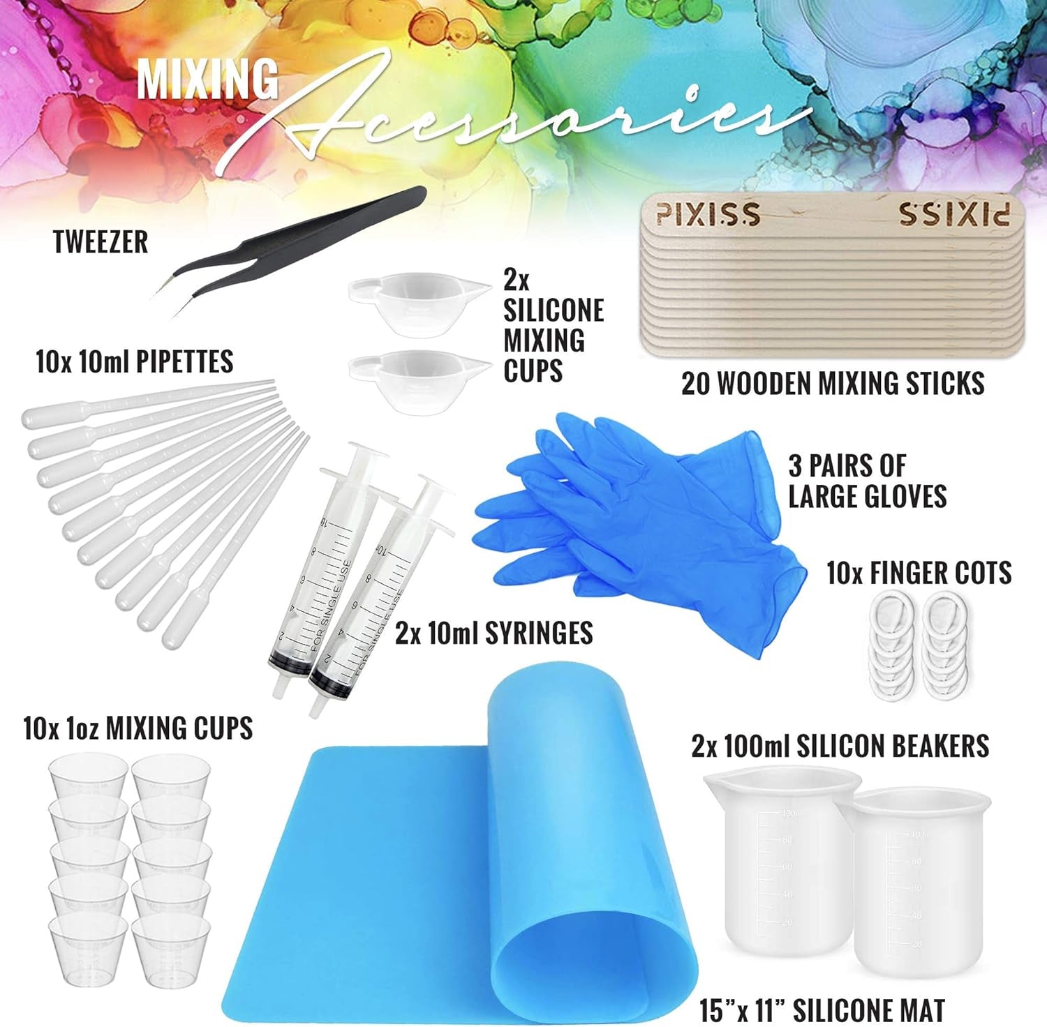 Silicone Resin Measuring Cups Tool Kit- Pixiss 100Ml Measure Cups, 1Oz Cups, Popsicle Stir Sticks, Pipettes, Finger Cots, Silicone Gloves, Silicone Mat for Epoxy Resin Mixing, Molds, Jewelry Making