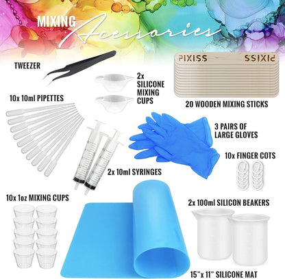 Silicone Resin Measuring Cups Tool Kit- Pixiss 100Ml Measure Cups, 1Oz Cups, Popsicle Stir Sticks, Pipettes, Finger Cots, Silicone Gloves, Silicone Mat for Epoxy Resin Mixing, Molds, Jewelry Making