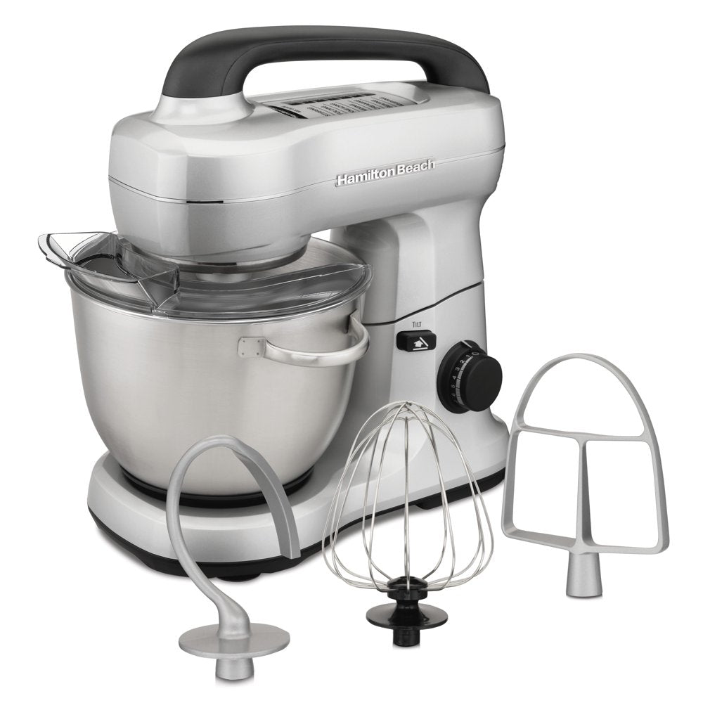 Electric Stand Mixer with 4 Quart Stainless Bowl, 7 Speeds, Whisk, Dough Hook, and Flat Beater Attachments, Splash Guard, 300 Watts, Silver, 63392