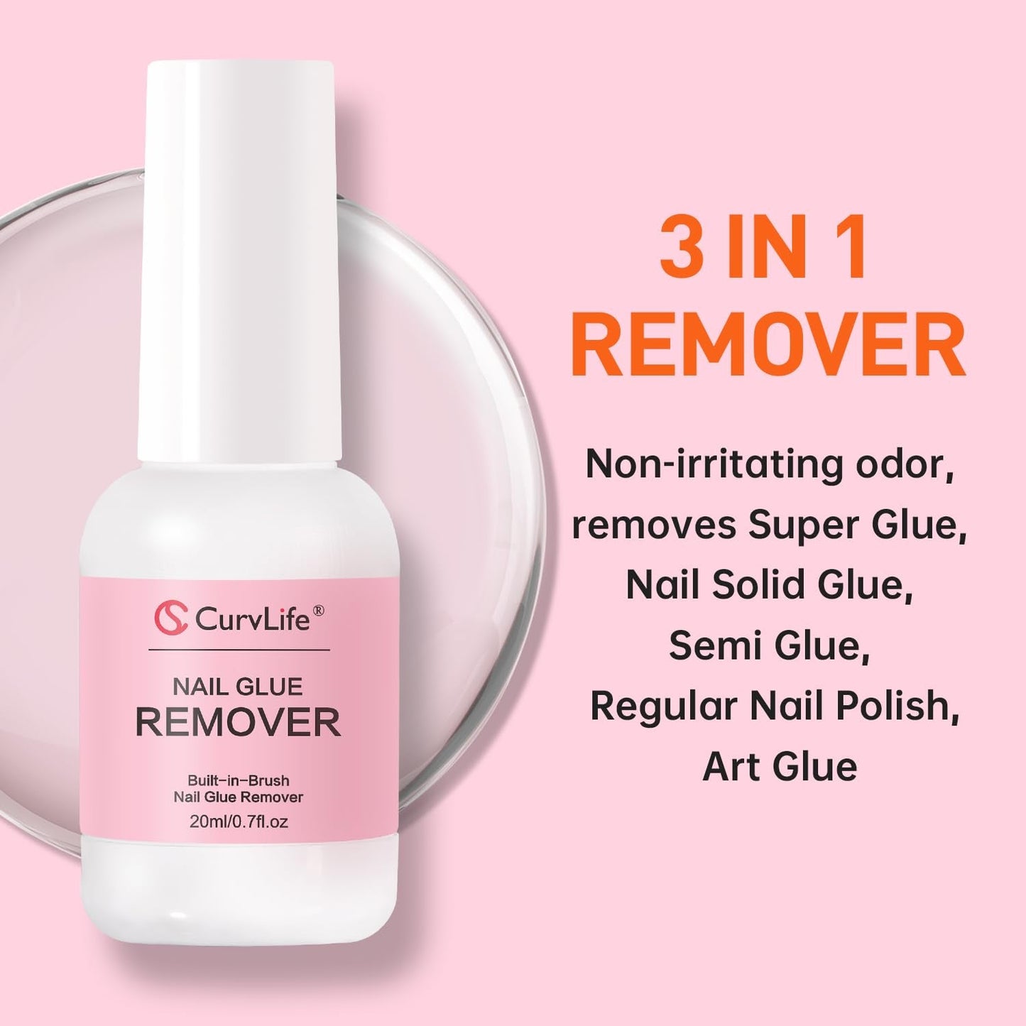 Curvlife Multi-Functional Brush-On Nail Glue Remover 20Ml for Press on and Fake Nails - Cuticle Pusher for Women