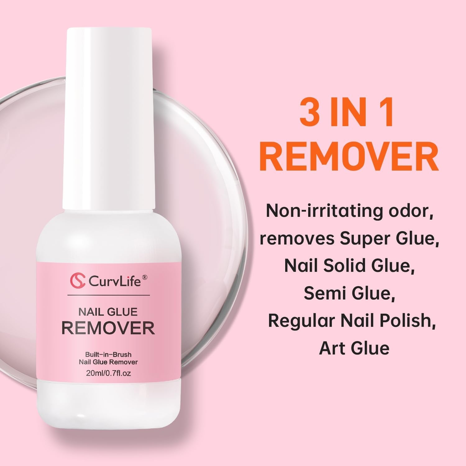 Curvlife Multi-Functional Brush-On Nail Glue Remover 20Ml for Press on and Fake Nails - Cuticle Pusher for Women