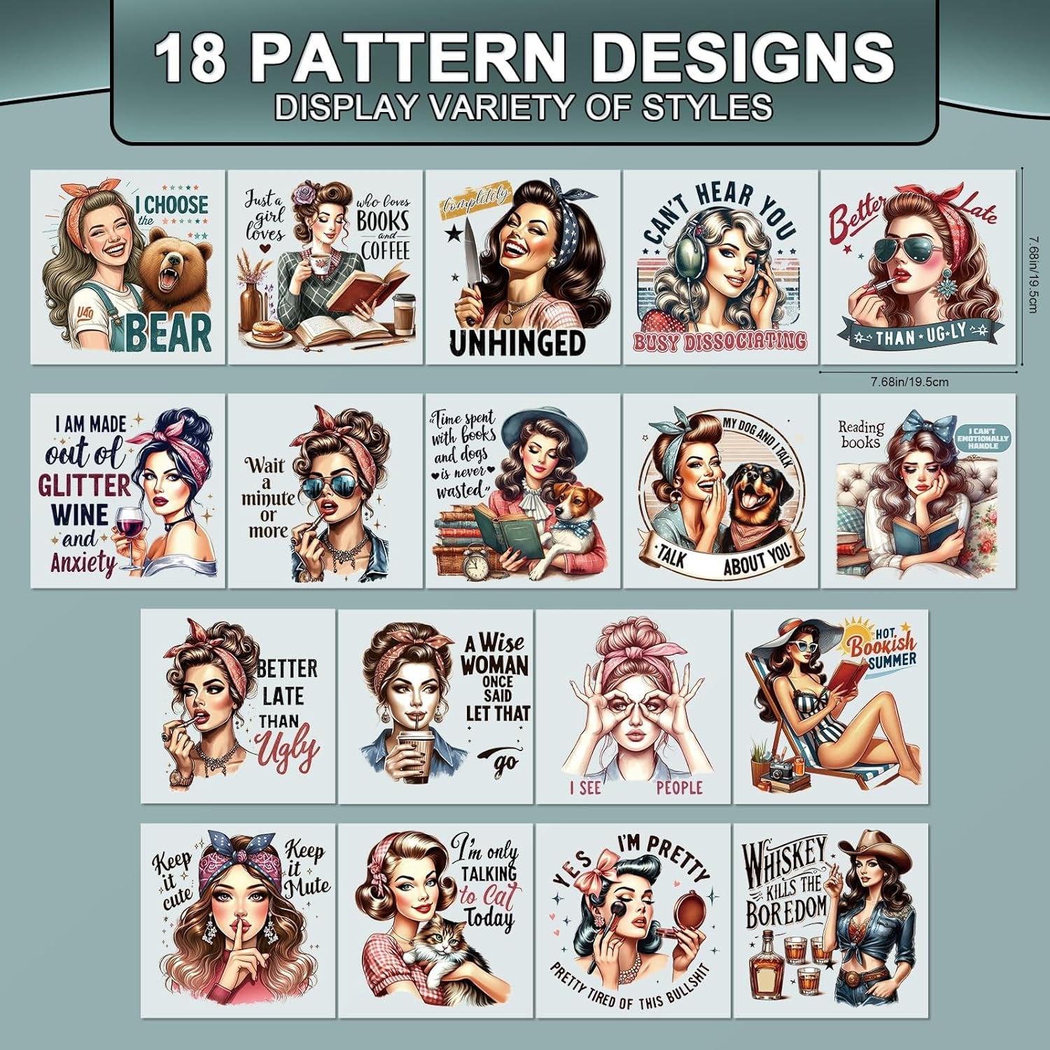 Dtf Transfers Ready to Press - 18 Pcs Sarcastic Women Iron on Transfers for T-Shirts, Funny Girl Heat Vinyl Patches Decals for Clothes, DIY Bag Pillow Decor