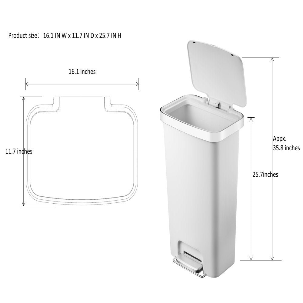 11.9 Gallon Trash Can, Plastic Step-On Kitchen Trash Can, White