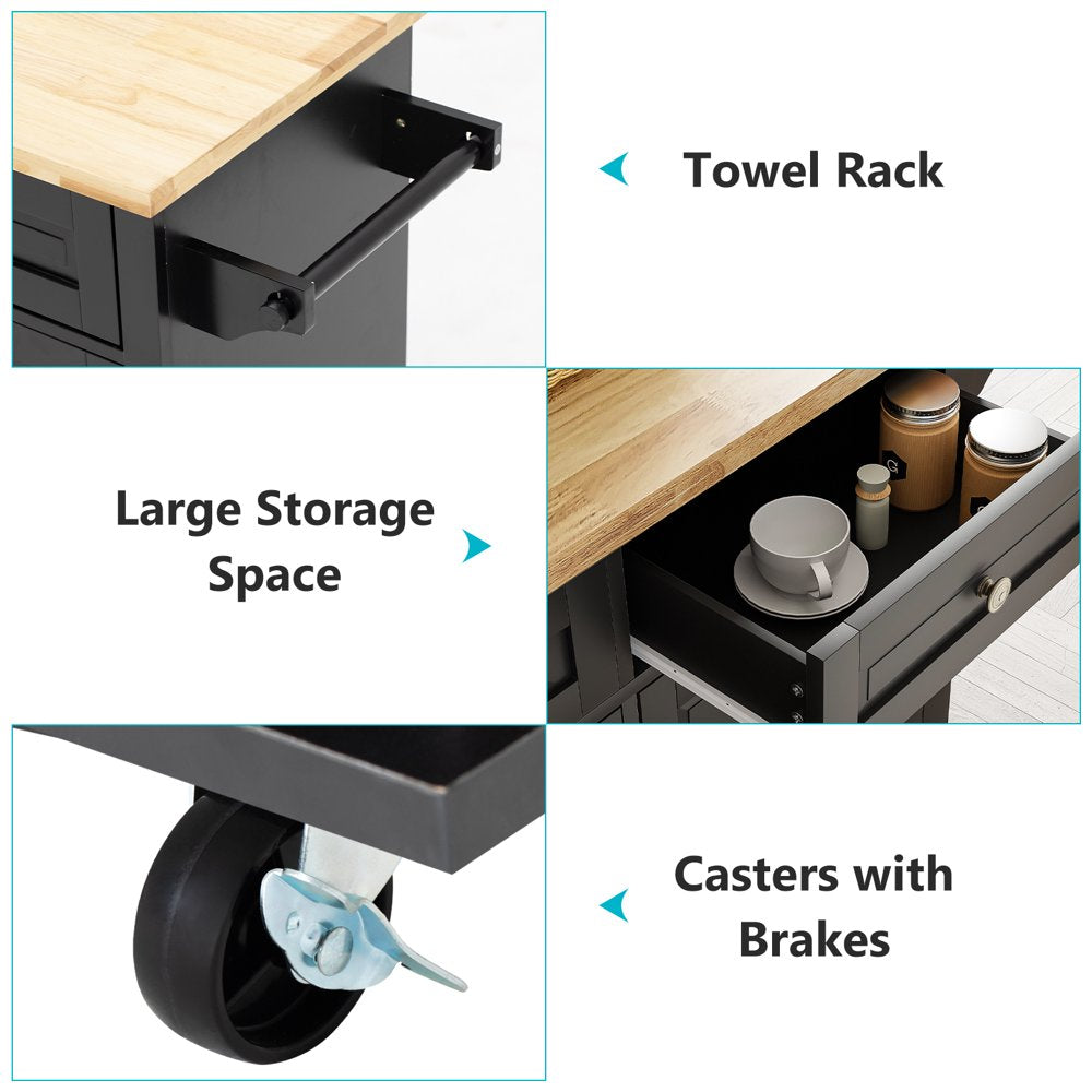 Rolling Kitchen Island, Kitchen Cart with Rubber Wood Countertop, Lockable Casters, Adjustable Shelves, Matte(Black-43.3"X17.7"X32.5")