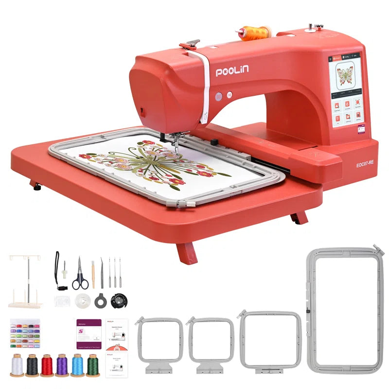Poolin EOC07-RE Computerized Embroidery Machine 7.8In*14.9In Max Embroidery Area with 4 Hoops, 7 Inch LCD Touchscreen, 8 Fonts,12 Languages,200 Fancy Patterns, USB & Wireless, Software