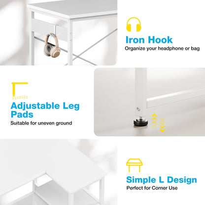40 Inch L Shaped Computer Desk with 3 Storage Shelves, Small Reversible Corner Desk for Small Space with Hock, Home Office L-Shaped Desk, White