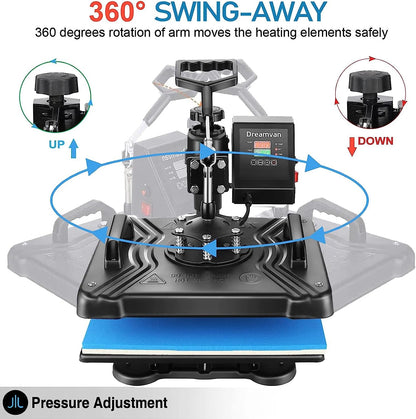 5 in 1 Heat Press Machine for T Shirts Professional Swing Away Heat Press Digital Combo 12" X 15" 360-Degree Rotation Heat Press Machines Sublimation Heat Transfer for T Shirts Mug Hat Plate