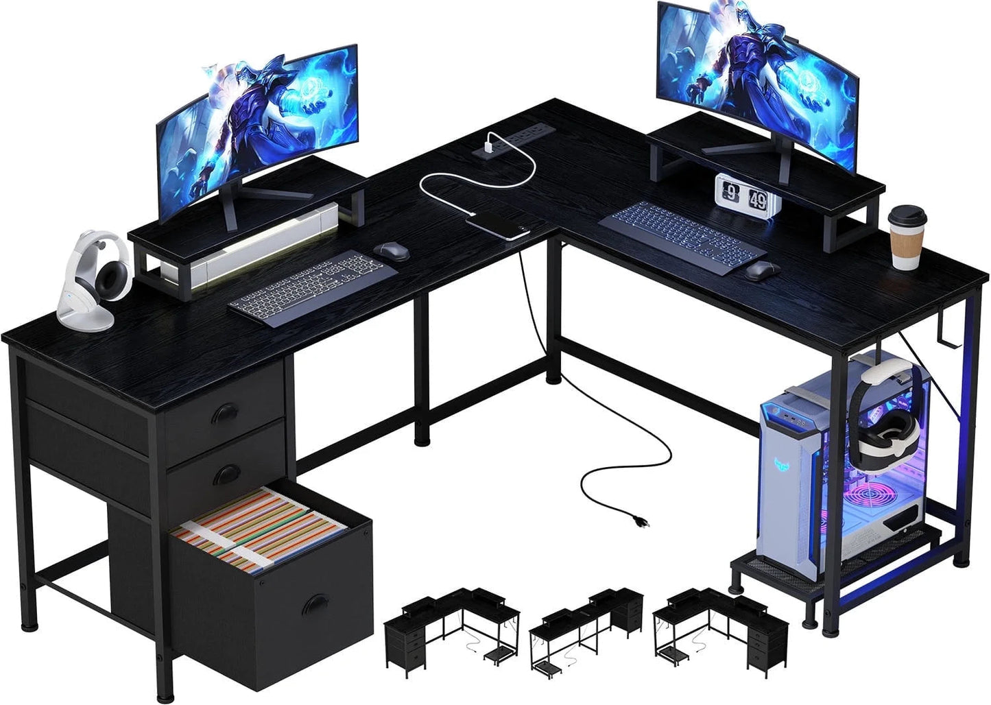 L Shaped Computer Desk, Reversible Gaming Desk with Drawers, Corner Desk with Storage Shelves & Monitor Stand, Home Office Desk Workstation, Black