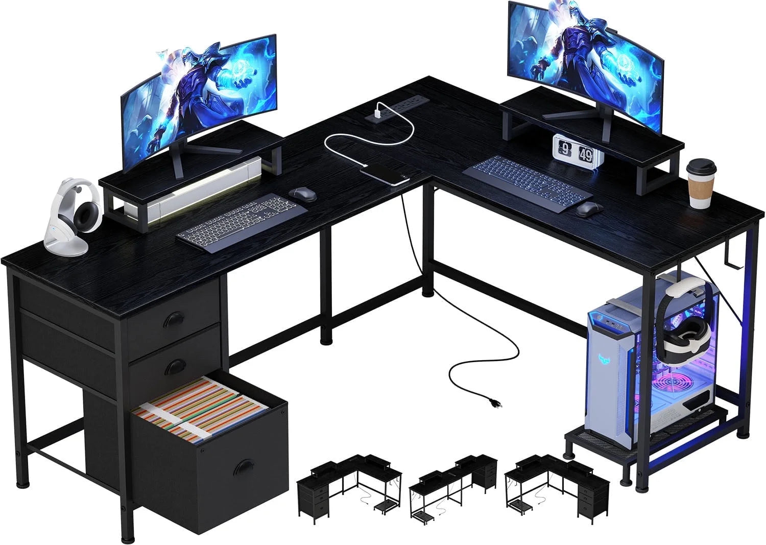 L Shaped Computer Desk, Reversible Gaming Desk with Drawers, Corner Desk with Storage Shelves & Monitor Stand, Home Office Desk Workstation, Black