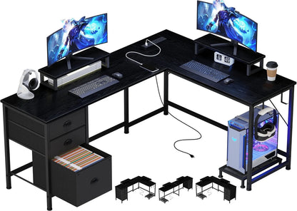 L Shaped Computer Desk, Reversible Gaming Desk with Drawers, Corner Desk with Storage Shelves & Monitor Stand, Home Office Desk Workstation, Black