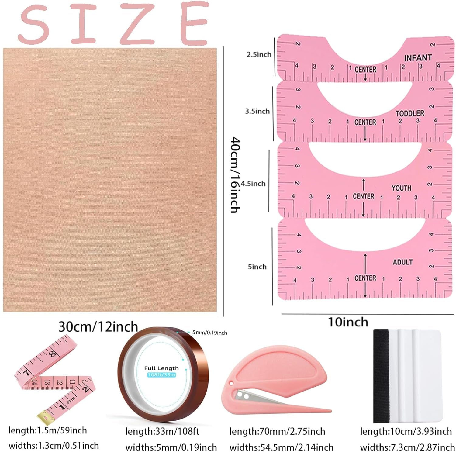 Sublimation Shirts Tool Kits (Pink) - 4 T Shirt Rulers, 3Pack Teflon Sheet for Heat Press 12 X 16In - 2 Rolls Heat Resistant Tape,1 Tape Measure,1Squeegee for Vinyl