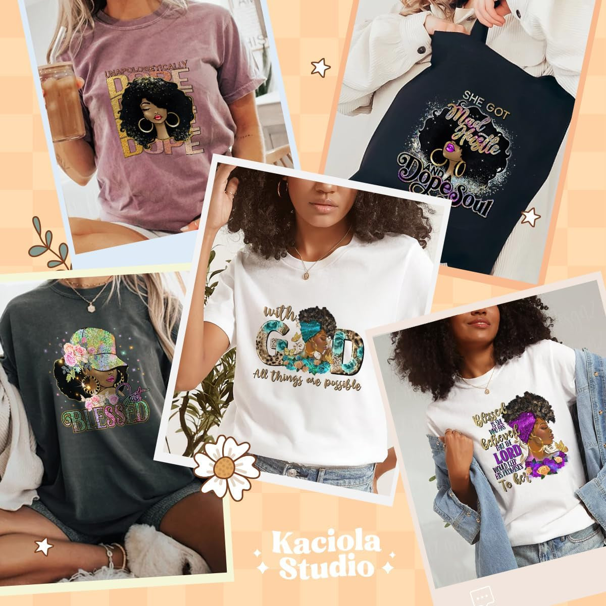 Kaciola 9 Sheets Black Girl DTF Transfers Ready to Press, Black Women Iron on Transfers Washable Stickers Iron on Decals for T Shirts Hoodie DIY Crafts