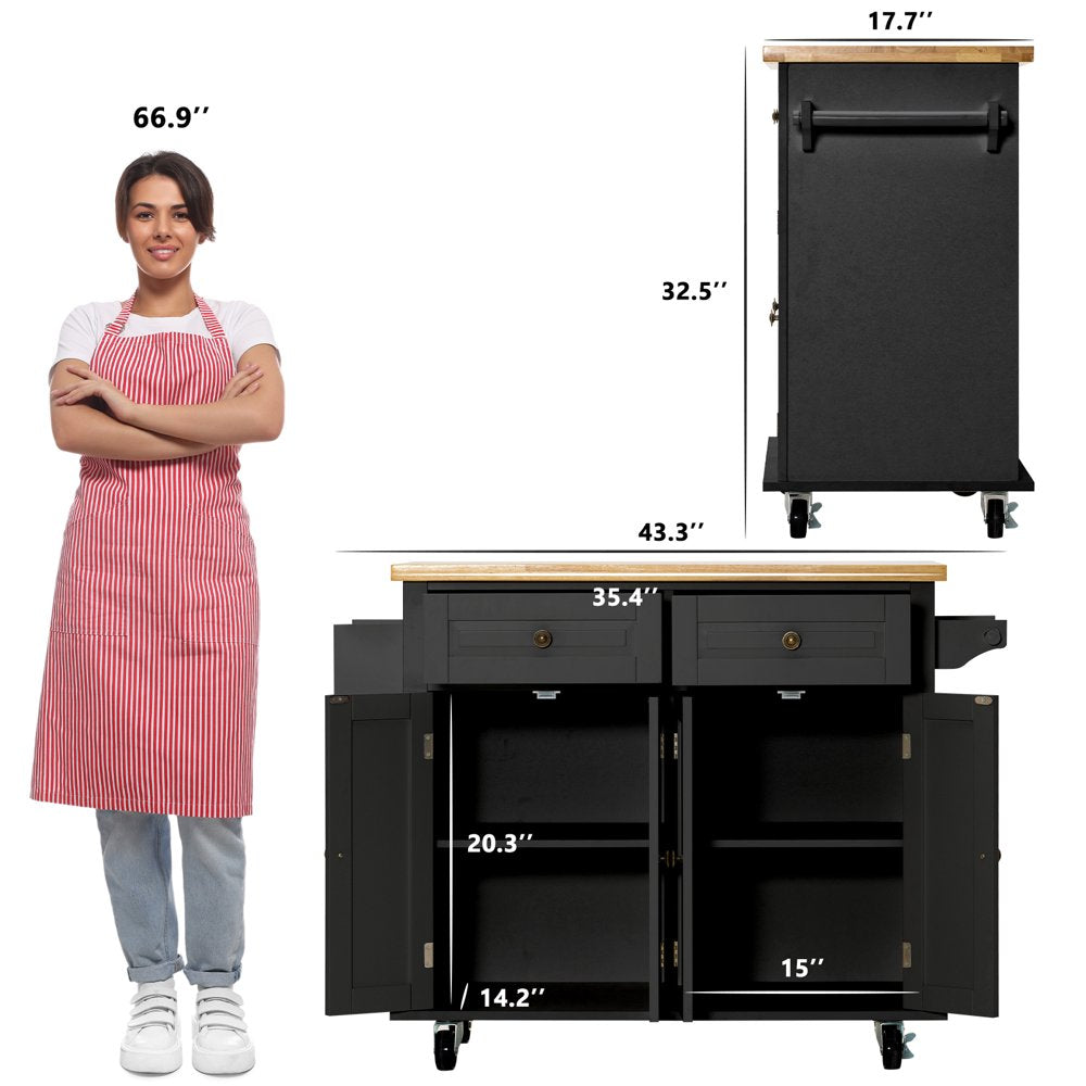 Rolling Kitchen Island, Kitchen Cart with Rubber Wood Countertop, Lockable Casters, Adjustable Shelves, Matte(Black-43.3"X17.7"X32.5")