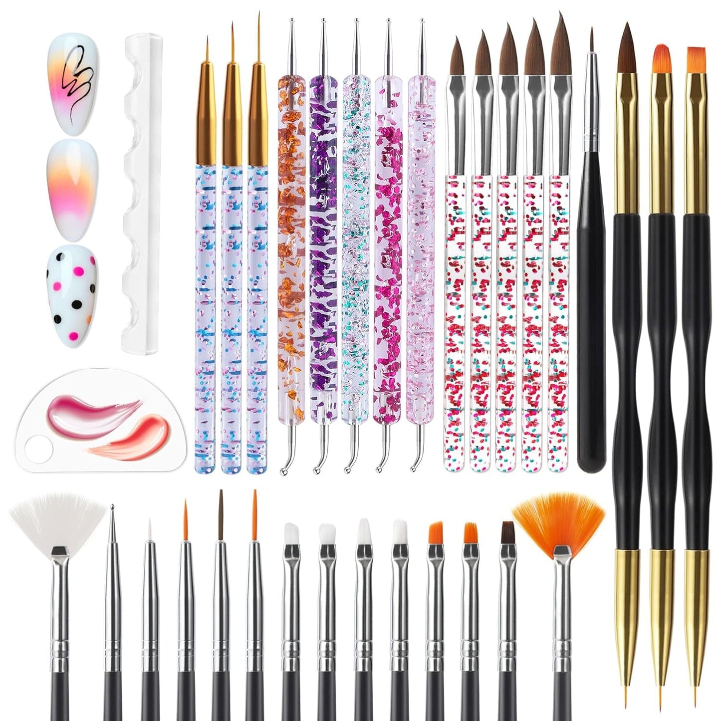 Artdone Nail Dotting Tools 32PCS Double-Ended Nail Art Brushes Kit Nail Art Gel Polish Liner Brushes Design Pen for Nail Drawing and Nail Paint Brushes Small Detail Brushes