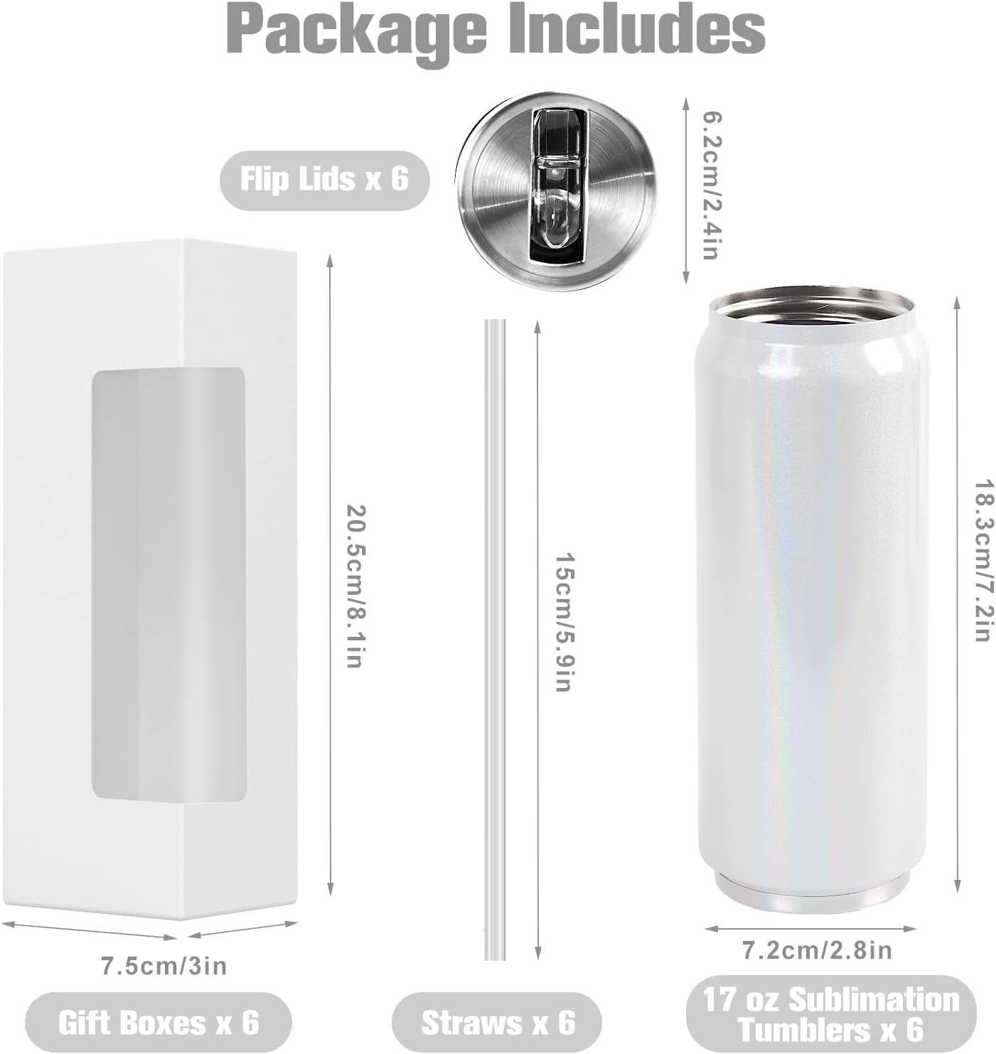 Colorsub 17 Oz Sublimation Glitter Tumblers Cans, Stainless Steel Sublimation Blanks Tumblers, Double Wall Insulated Cups Set with Lid, Straw, Gift Box, 6 Pack White