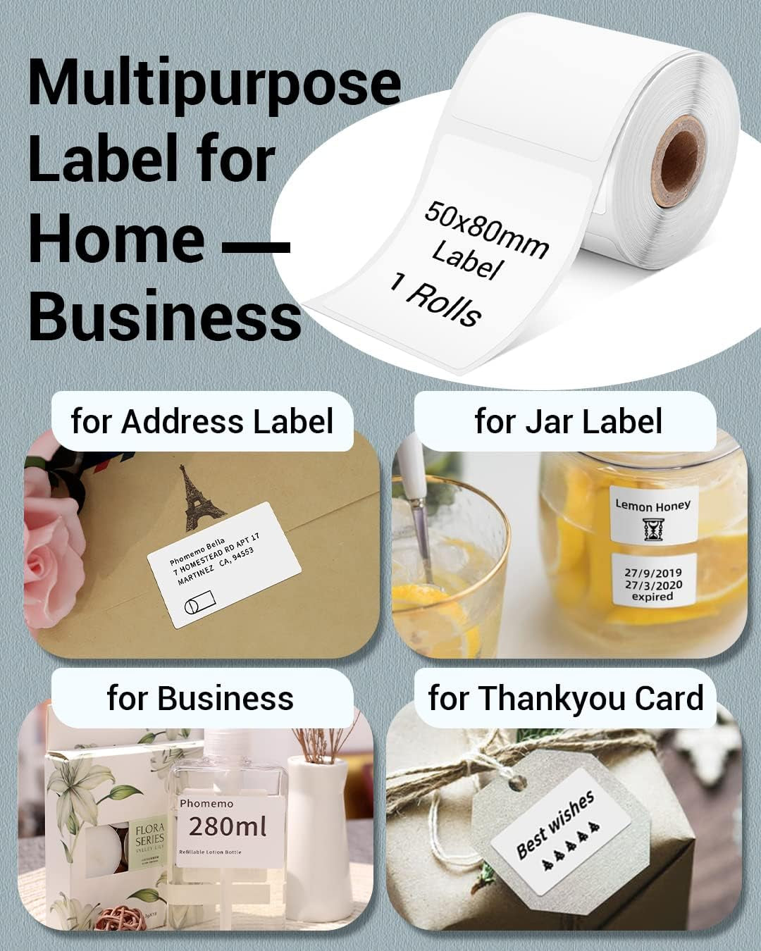 Phomemo Thermal Labels- Sticker Label for M110/M221/M220/M120/M200 Label Printer,1.97"X3.15"(50X80Mm),100 Labels/Roll, Black on White